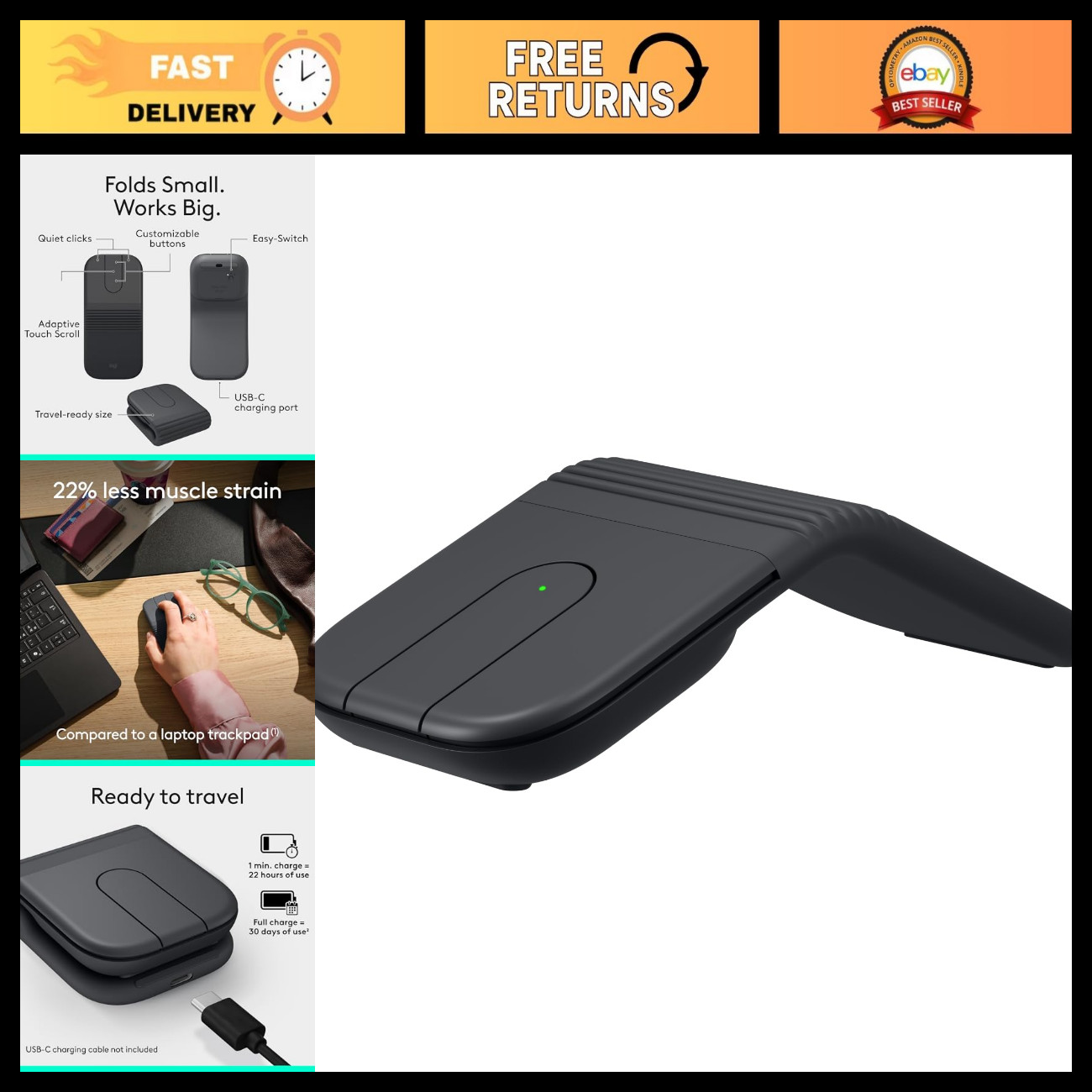 Foldable Wireless Mouse - Quiet Click, Portable Design, Graphite Color, Ergonomi