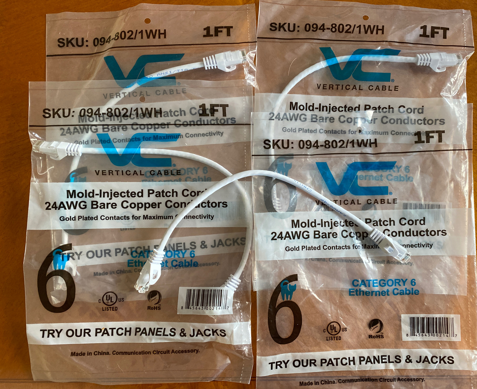 Lot 10- Vertical Cable 1’ Mold-Injected Patch Cord 24AWG/ Bare Copper Conductors