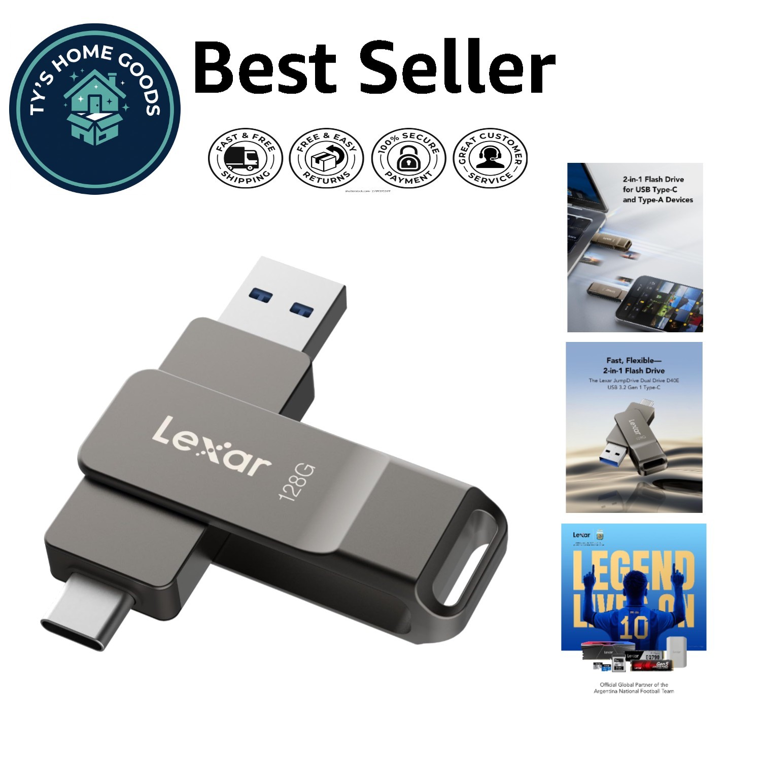 Compact 128GB USB-C Jump Drive with USB Type-A Connectivity – Titanium Grey