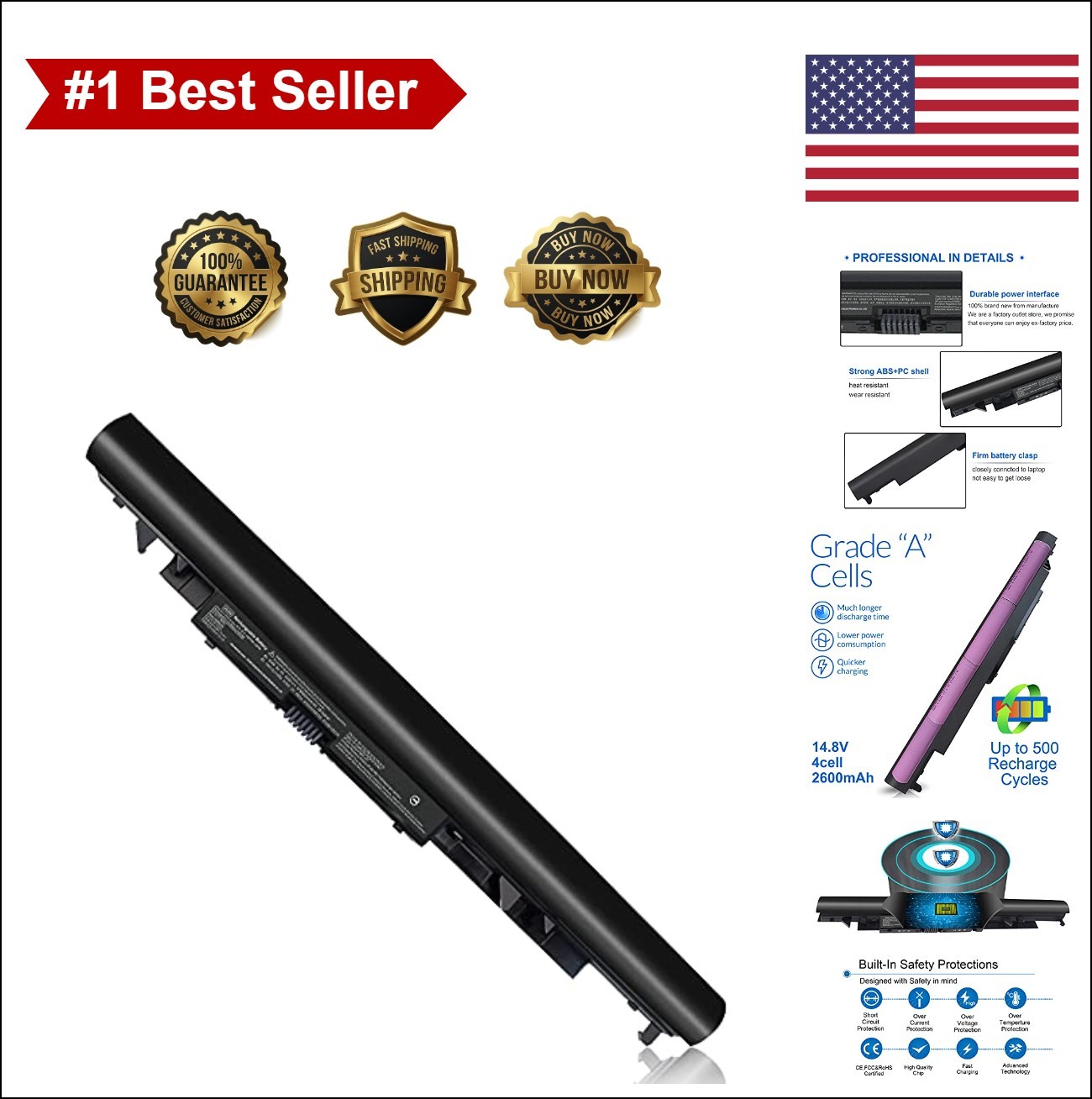 Laptop Battery 14.8V 38WH 2600mAh 4 Cell Lithium Ion Rechargeable for HP 15-BS