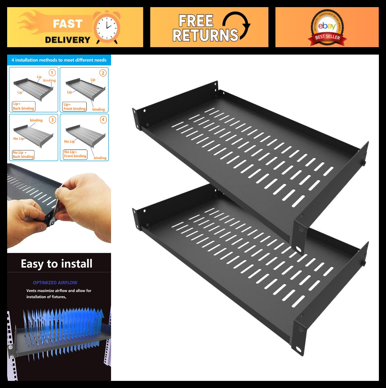 2-Pack 1U Vented Cantilever Rack Shelf for Server, 10-Inch Depth, Heavy Duty