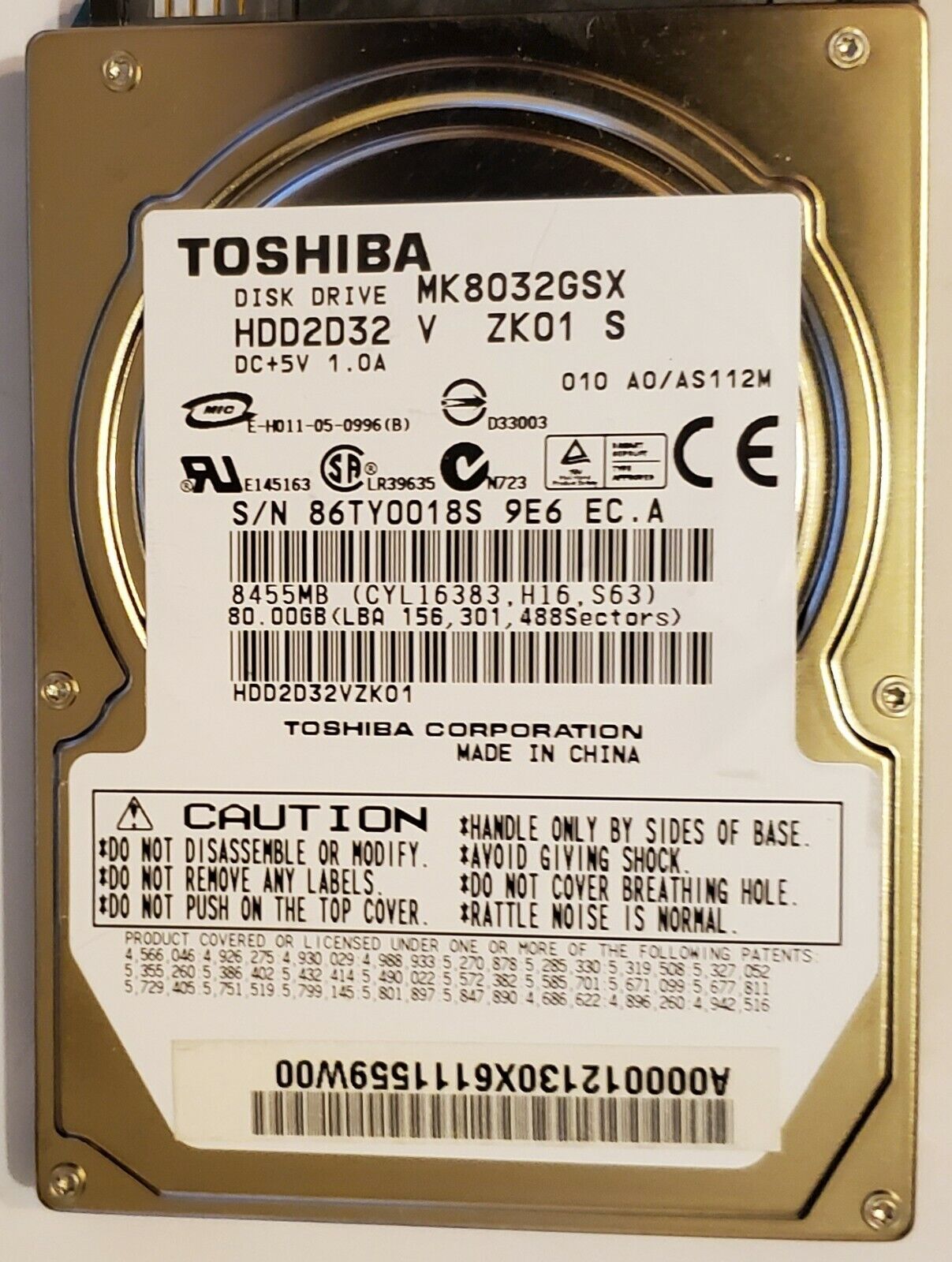 Toshiba MK8032GSX 80GB SATA Internal 5400RPM 2.5