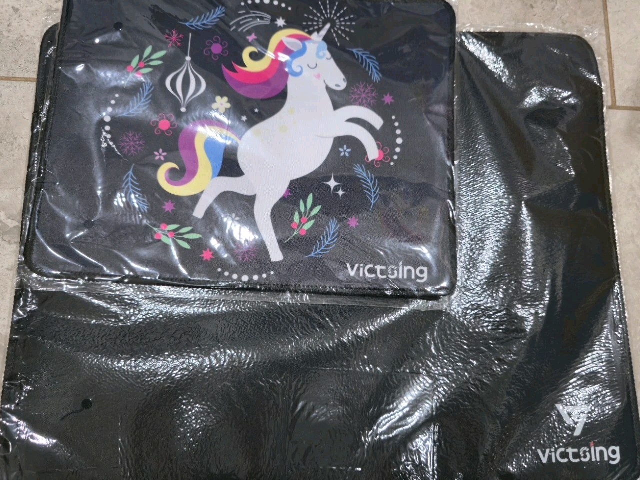  Mouse Pad Set Non-Slip Black Plain & Multicolor Unicorn Design "14 1/2x12"