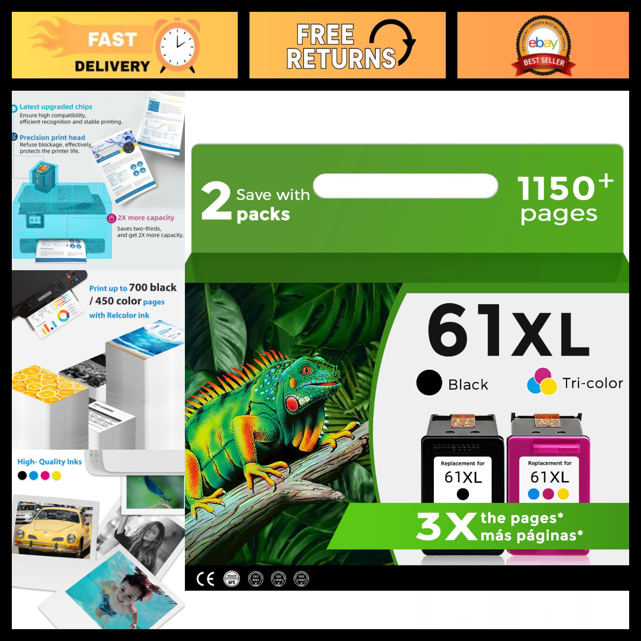 61XL Ink Cartridge Set - Compatible Black & Color for HP 5530, 4500 Printers