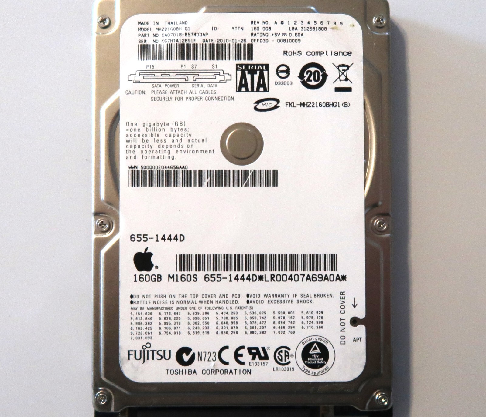 Fujitsu MHZ2160BH CA07018-B57400AP 0FFD3D-00810009 Apple#655-1444D 160gb 01/2010