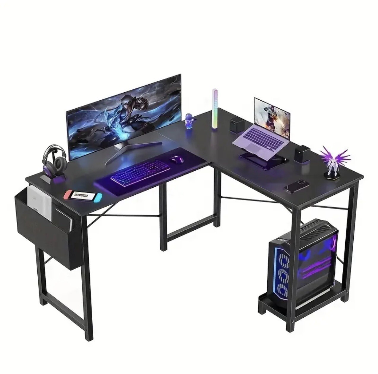 Reversible LShaped Computer Desk–Corner Gaming Table & Workstation with StoreBag