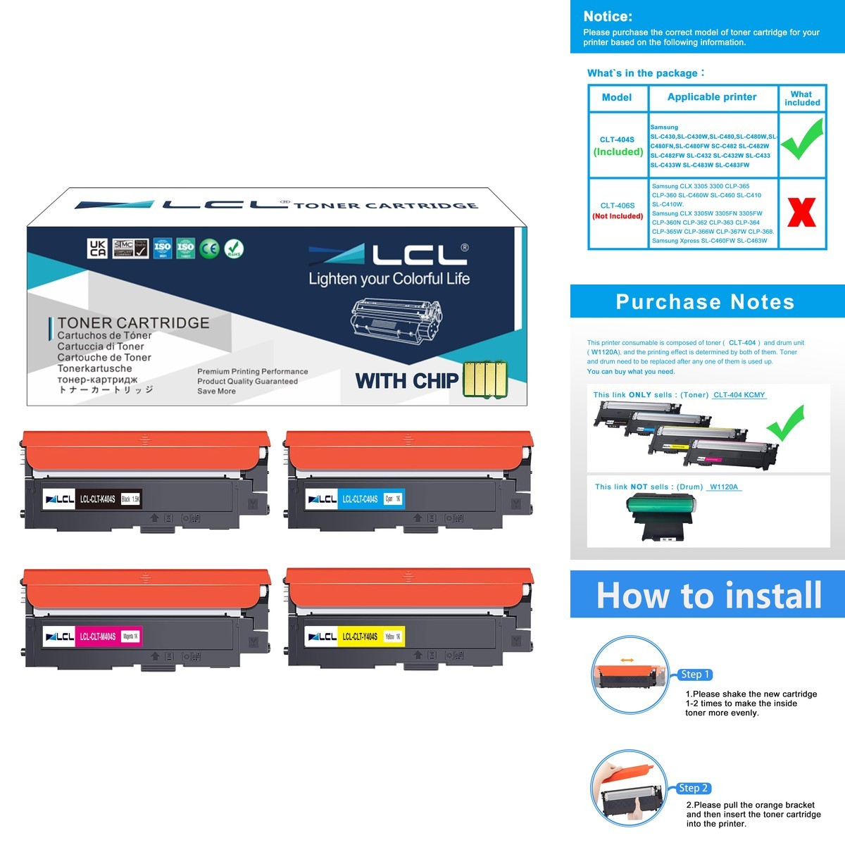 LCL Compatible Toner Cartridge Replacement Samsung CLT-404S CLT-K404S CLT-C404S