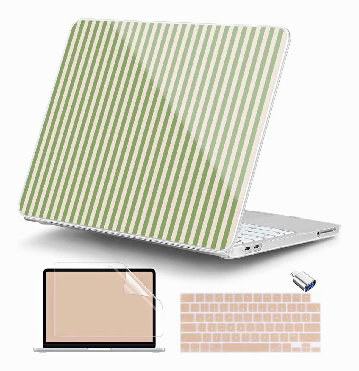 Green/White Striped Laptop Hard Shell Case Cover, Plastic Shell