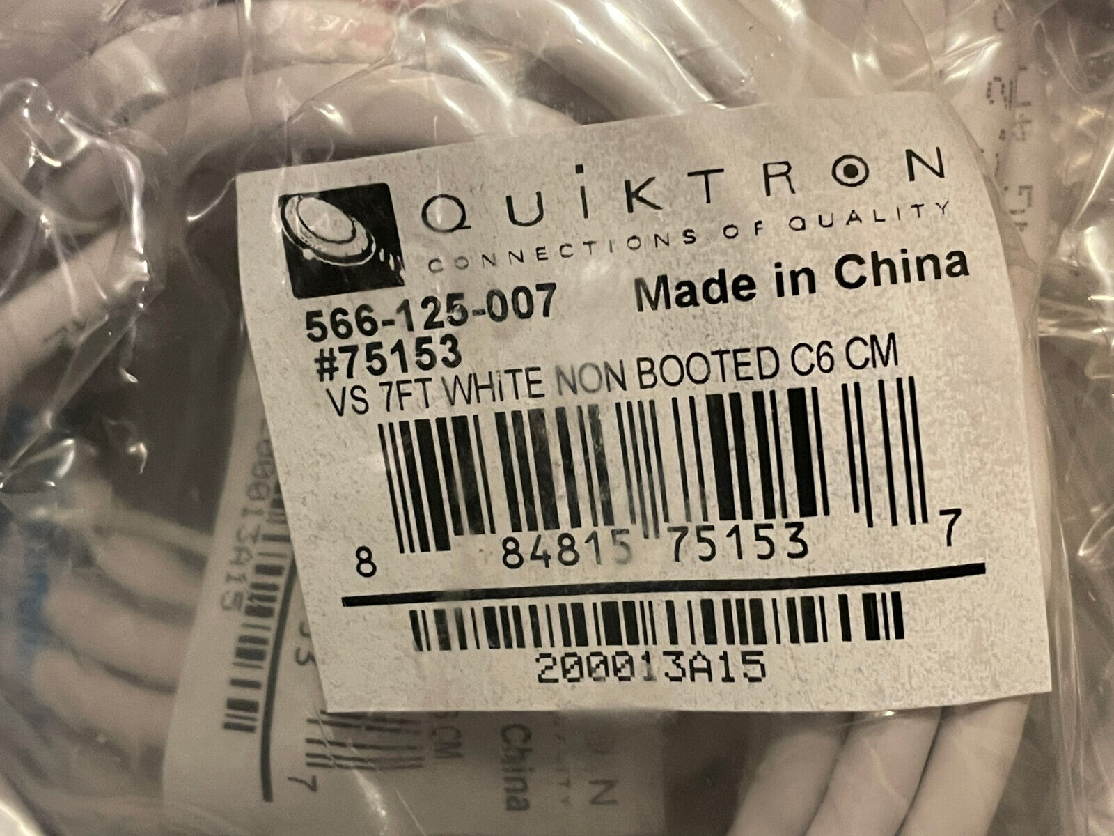 Lot of 100 Quiktron CAT6 Patch Cable 566-125-007 7Ft White Non Booted #75153