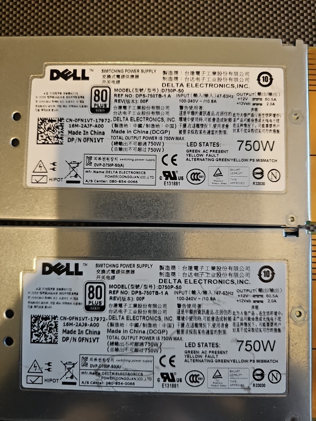 lot of 2 DELL Switching Power Supply 0FN1VT DPS-750TB-1 A PowerEdge