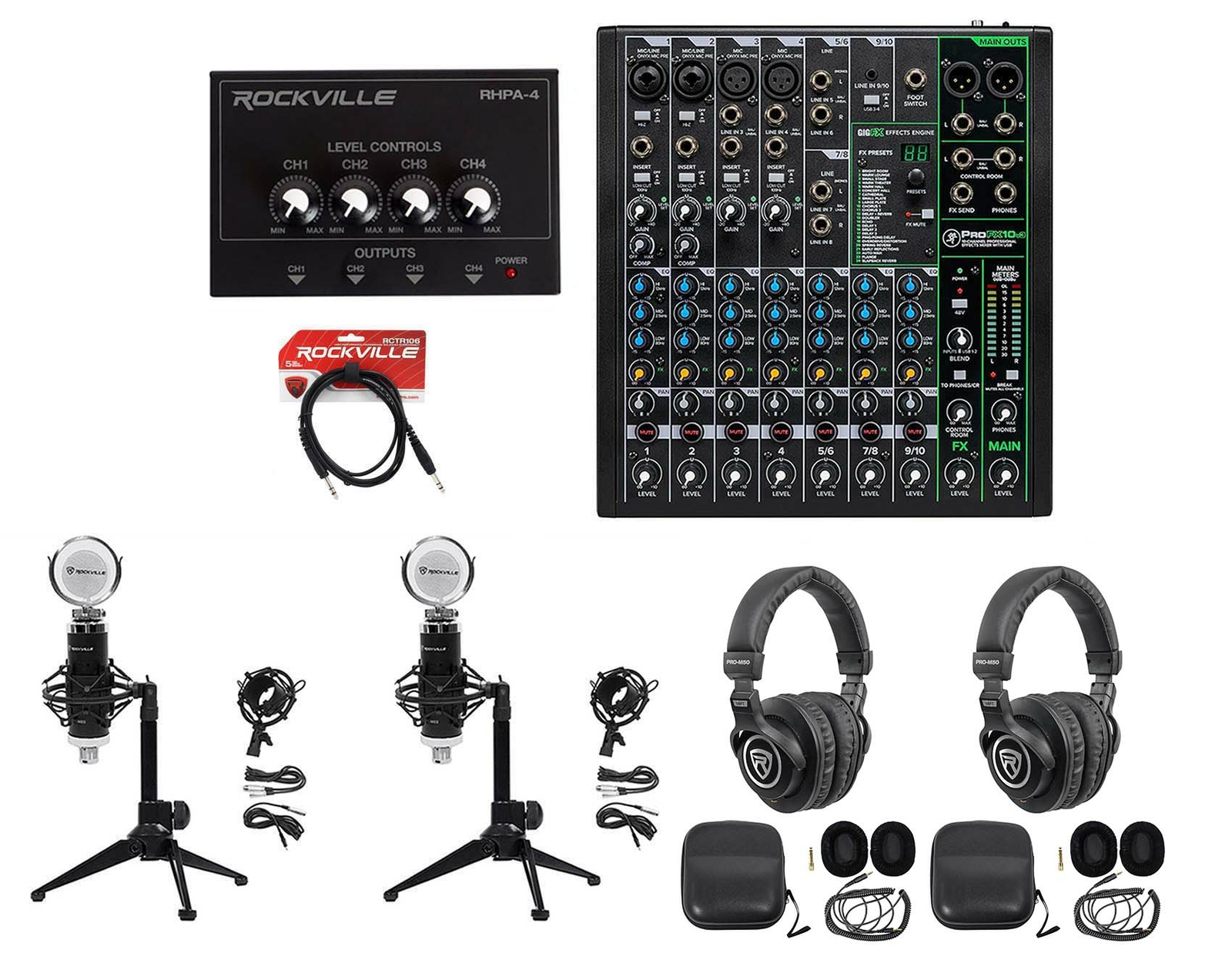 2-Person Podcast Podcasting Recording Kit w/Mackie ProFX10 v3 Mixer+Desk Stands
