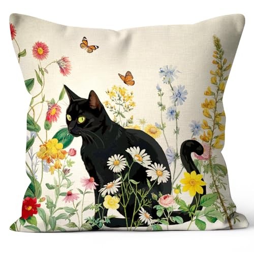 Spring Summer Funny Black Cat Flowers Art Home Decorations Outdoor Sofa Throw 