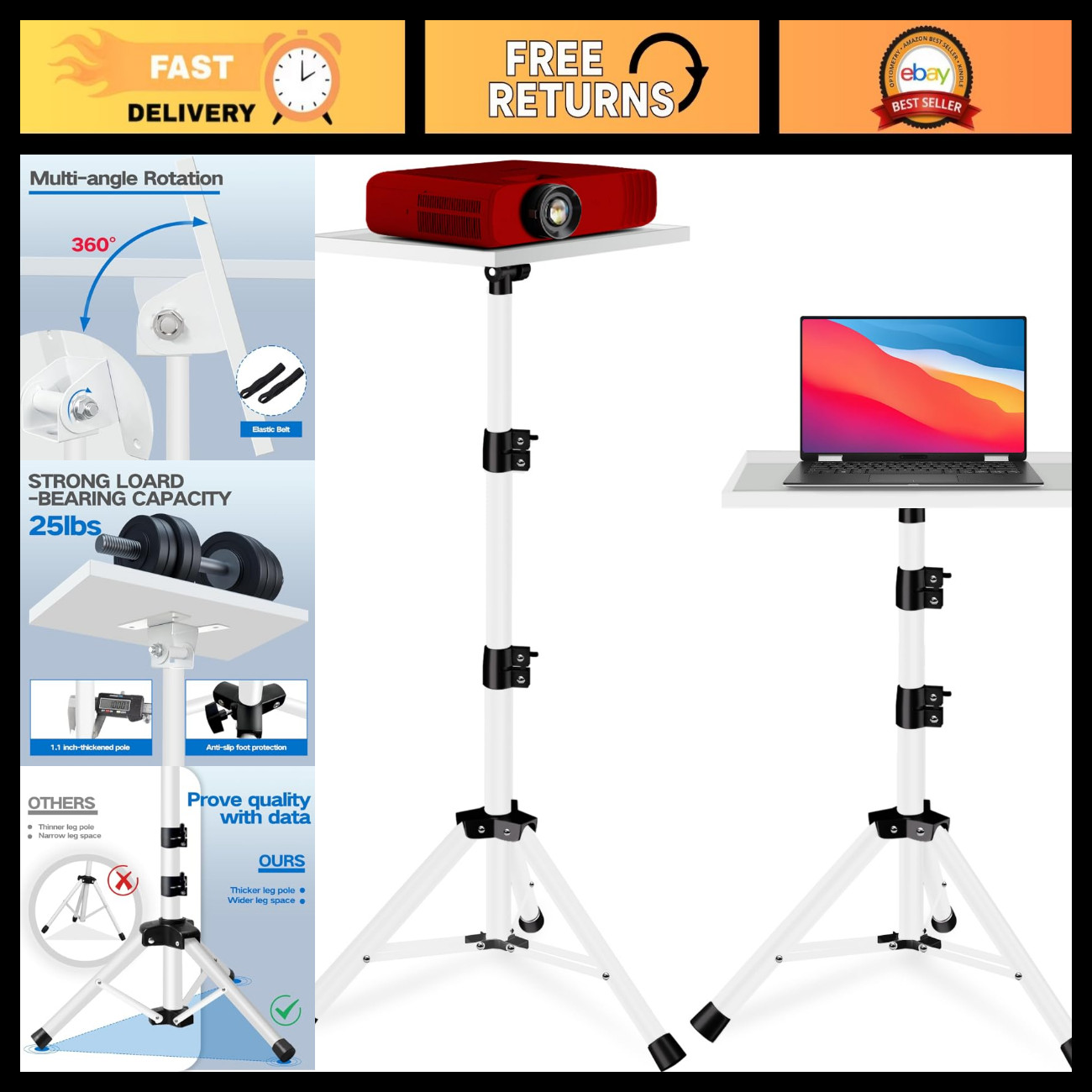 Adjustable Projector Stand & Laptop Tripod with Phone Holder for Outdoor & Home