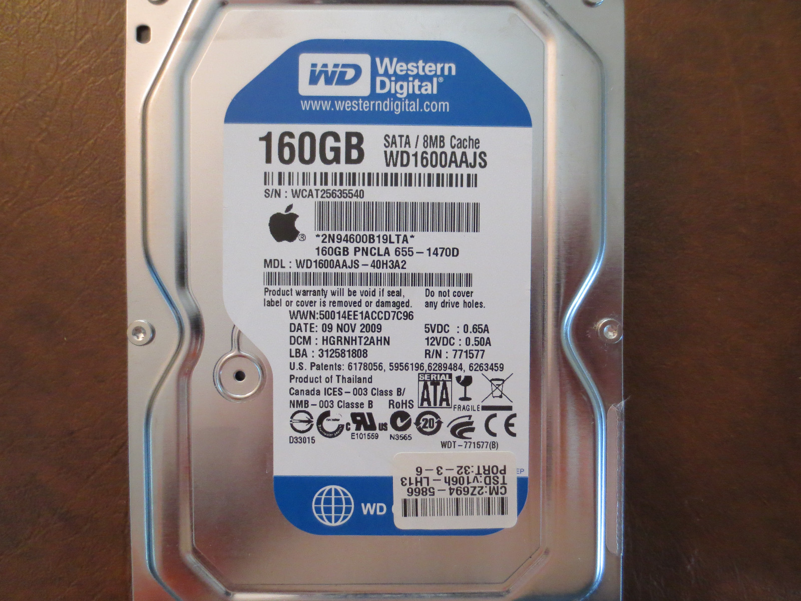 WD WD1600AAJS-40H3A2 DCM:HGRNHT2AHN Apple#655-1470D 160gb 3.5" Sata Hard Drive 