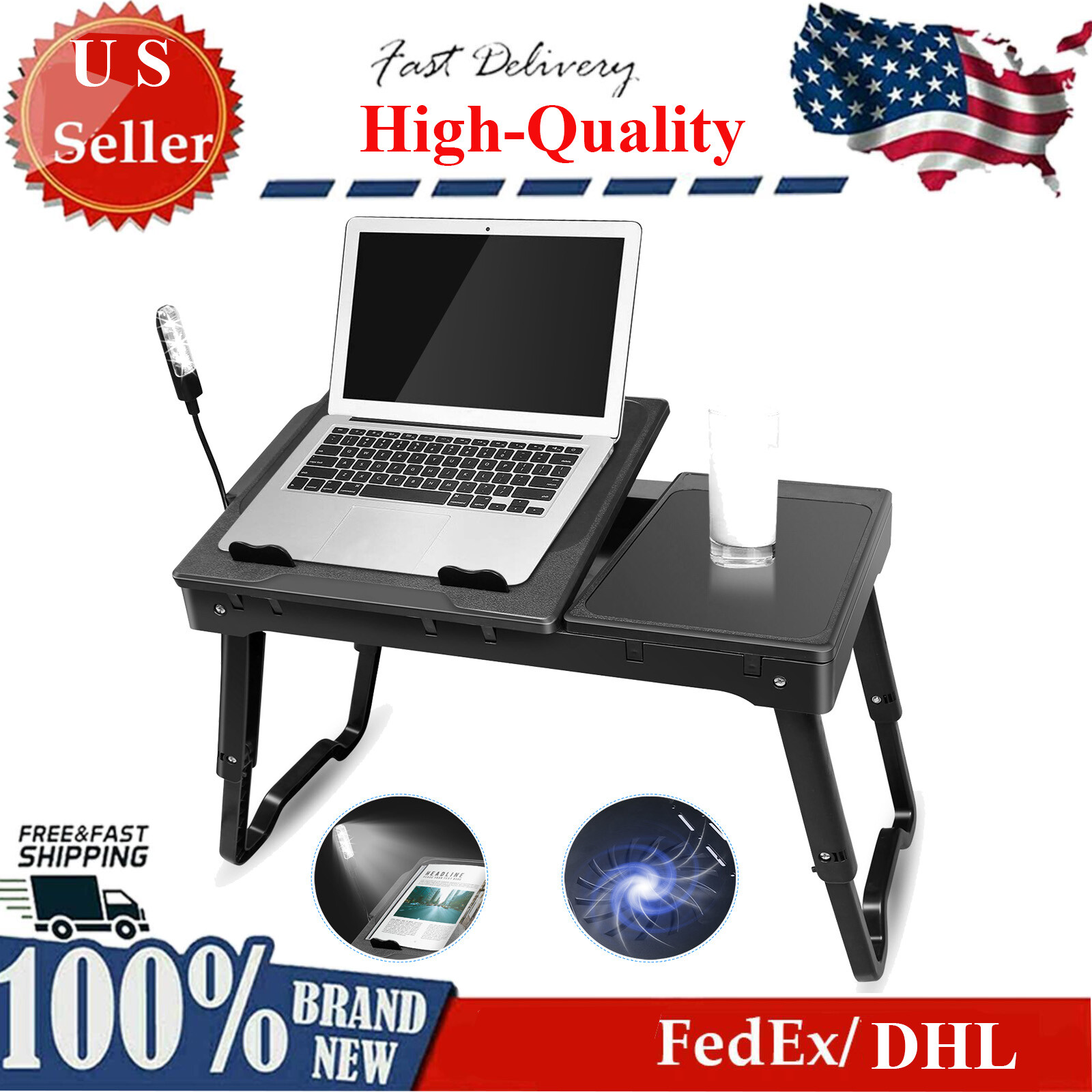 Heavy Duty Laptop Table with Cool Fan Foldable Desk Stand for Bed &Tablet Use