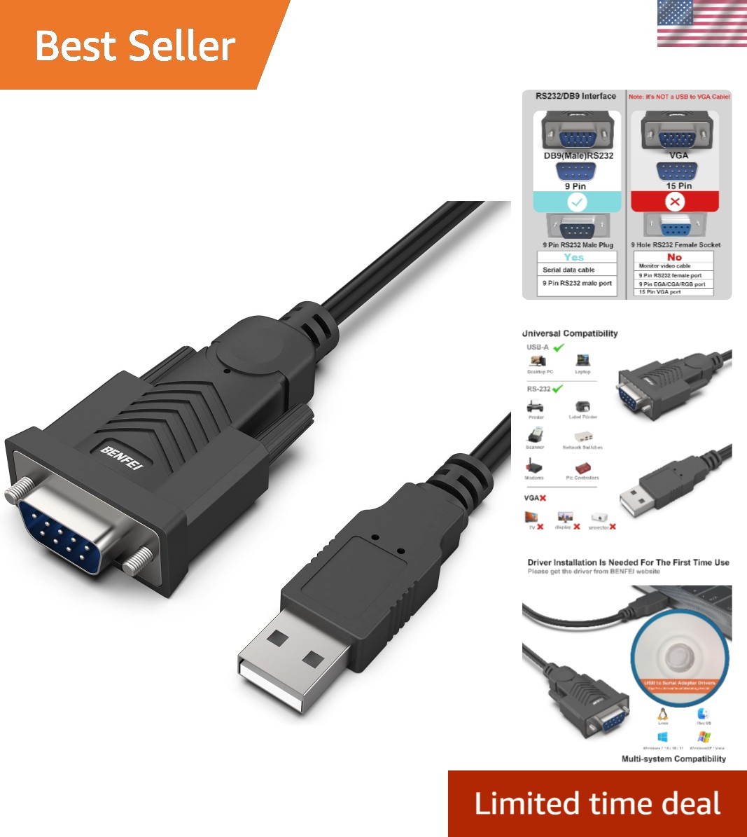1.8M USB to DB9 Serial Cable with Prolific Chipset - Plug & Play Connectivity