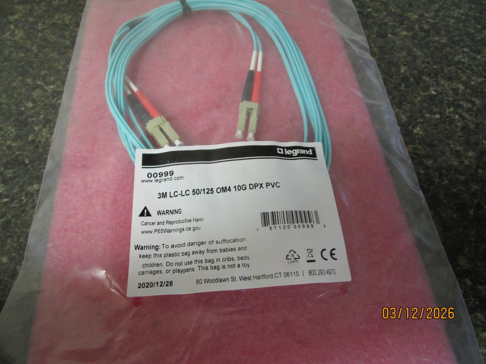 Qty (7) Legrand C2G Fiber Optic Cable 3M LC-LC 50/125 OM4 10G DPX PVC Duplex