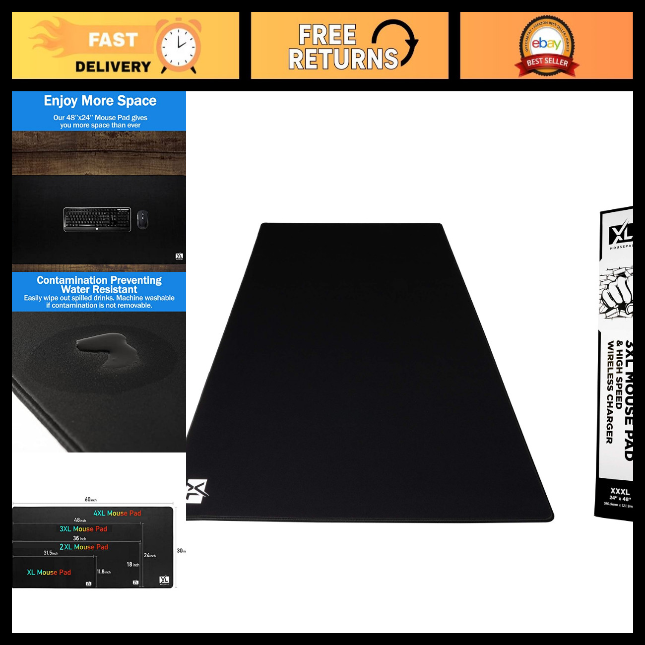 3XL Oversized Gaming Mouse Pad 48''x24'' - Extra Large Nonslip Rubber Mat - Wate
