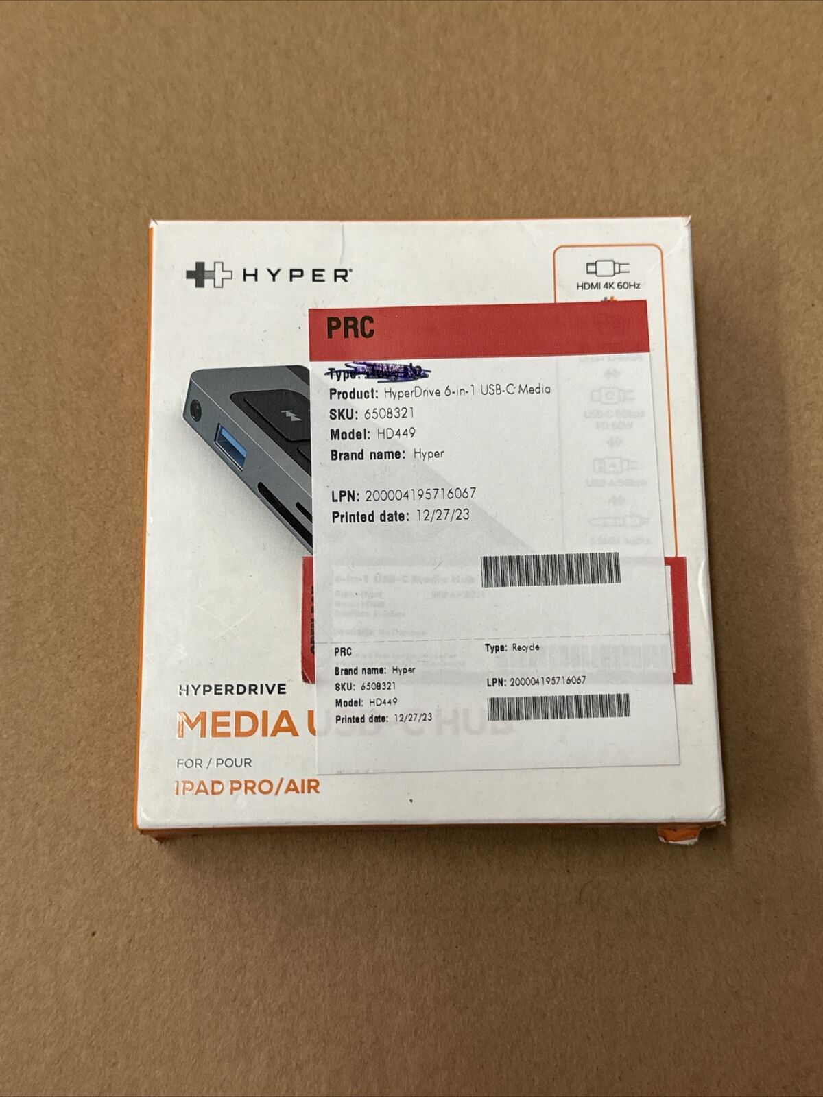 Hyper HyperDrive 6-in-1 USB-C Media Hub HD449- OPENBOX( IPAD AIR/PRO)