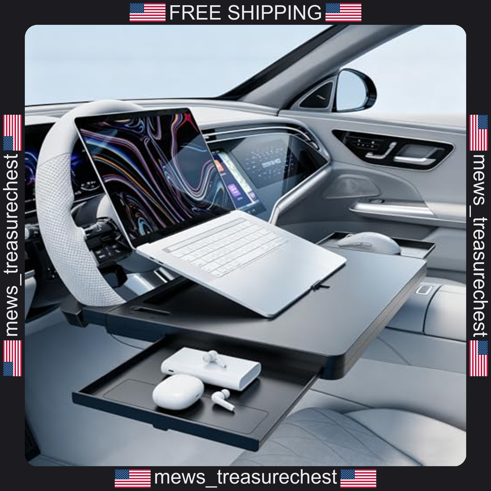 Car Steering Wheel Tray Laptop Desk with Adjustable Angles and Extension Trays