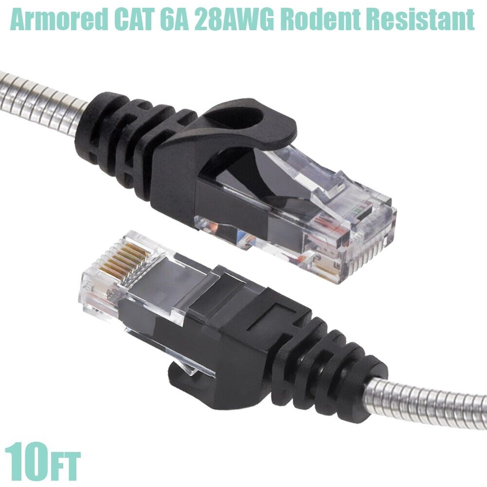 10FT Cat6A RJ45 Network LAN Armored Slim Patch Cable Rodent Resistant 28AWG Gold