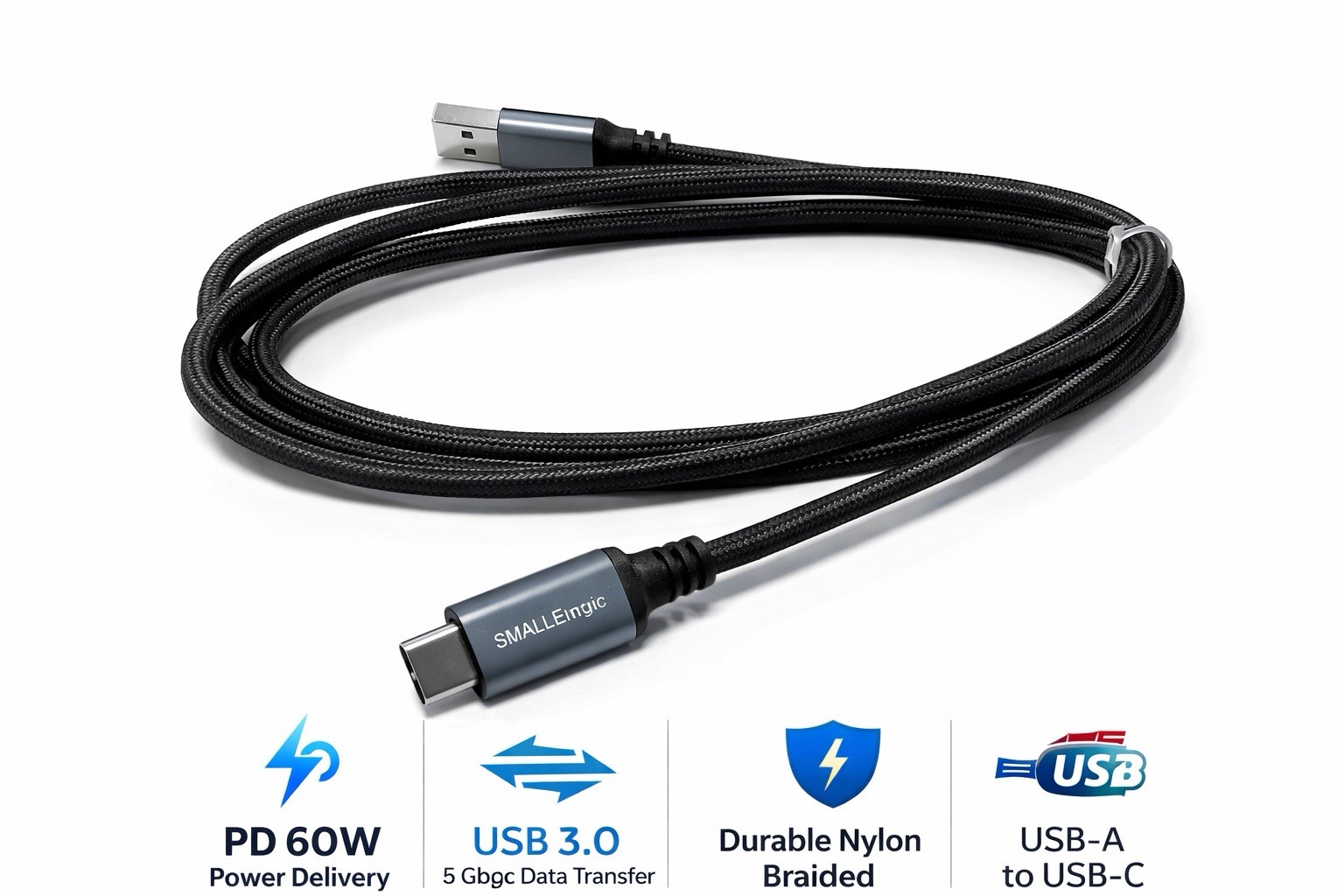 USB A to USB C Fast Charging Cable 6 (Ft) Nylon Braided Data Charger Cord  1pk