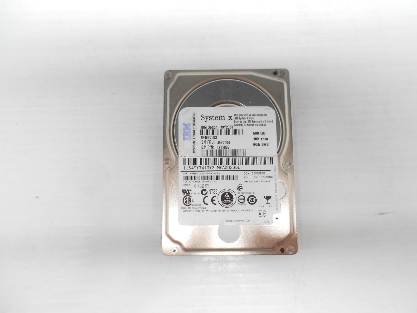 IBM system X 600GB 10K RPM SAS 6G 2.5'' Hard Drive 49Y2003 49Y2004 49Y2007