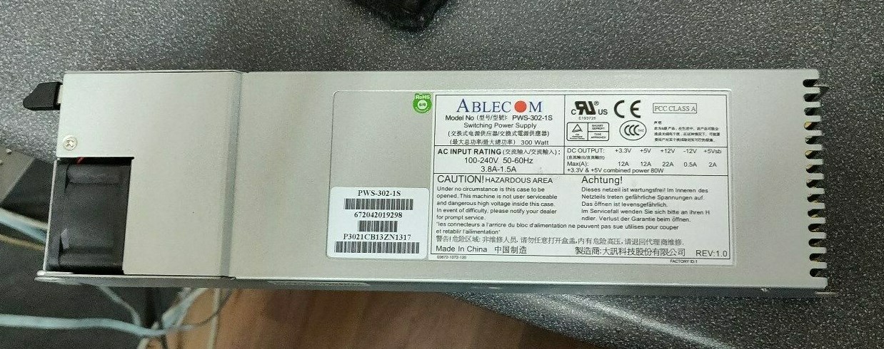 3x Ablecom PWS-302-1S 300W Redundant 1U Hot Swap Power Supplys