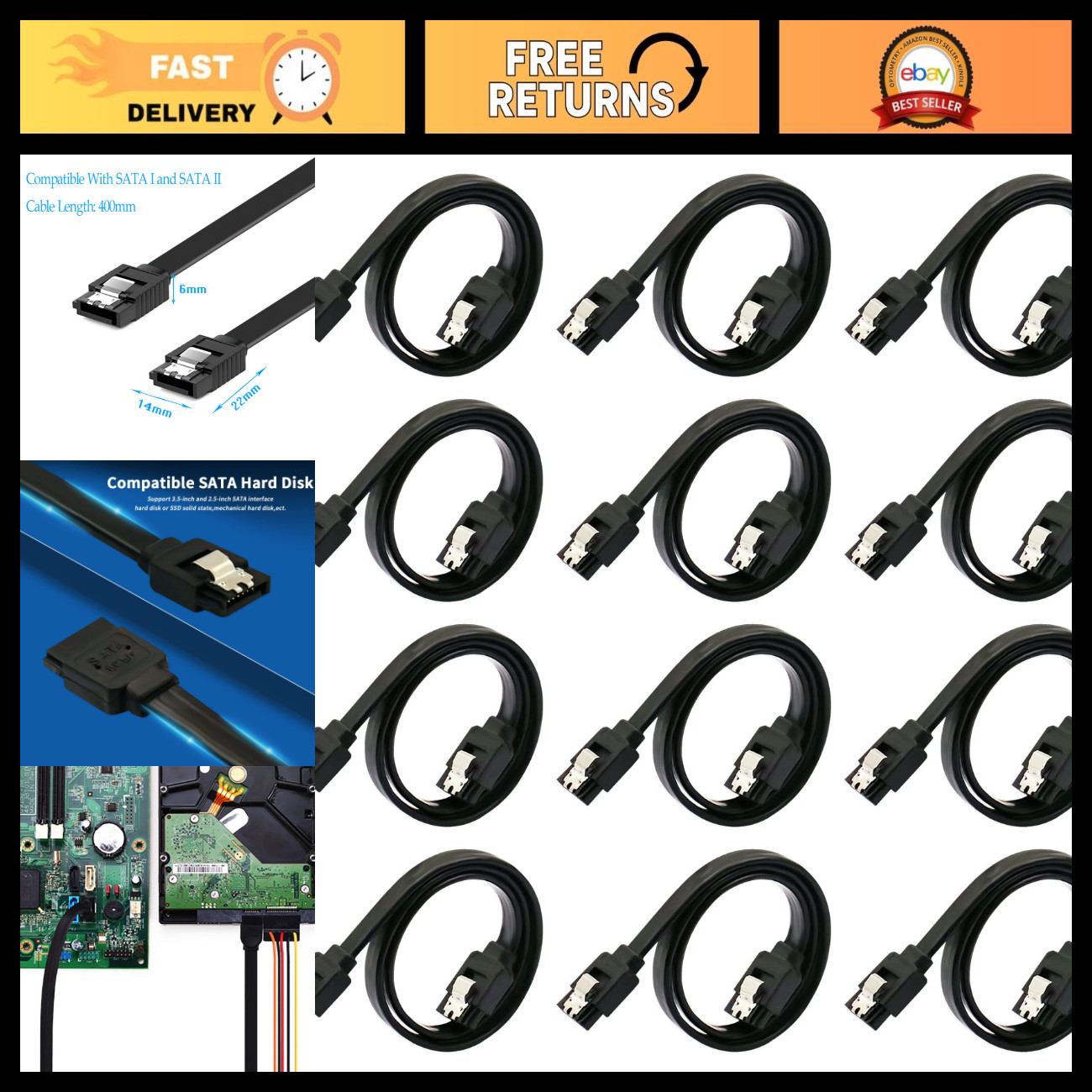 12-Pack 16" SATA III Data Cables 6.0 Gbps with Locking Latch for HDD SSD Drives