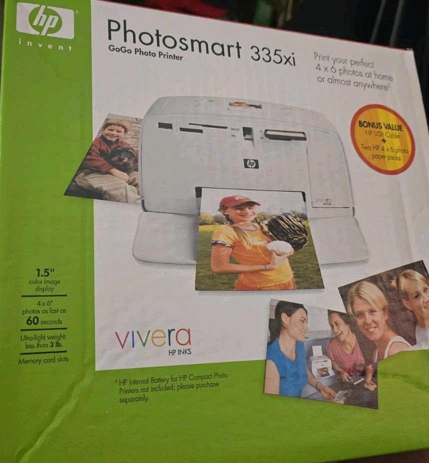 HP Photosmart 335 Gogo Photo Printer with Power Adapter and Ink