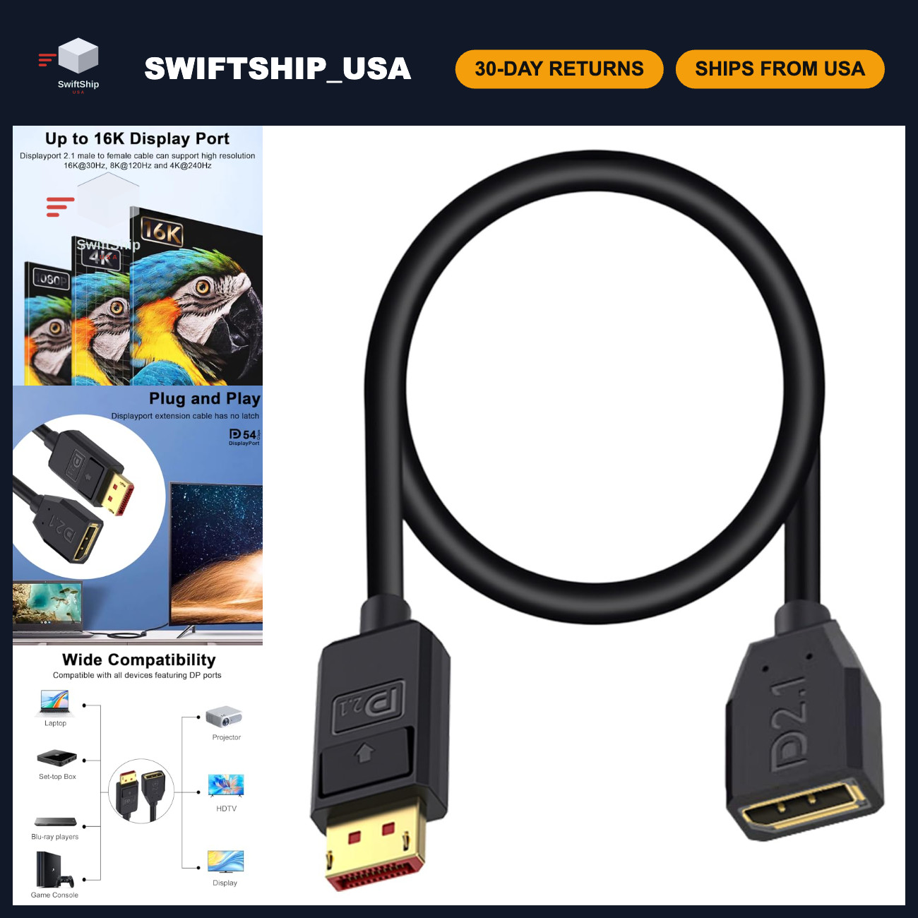 54Gbps DisplayPort Extension Cable 1.5FT, Male to Female, 16K@30Hz, 8K@120Hz, HD