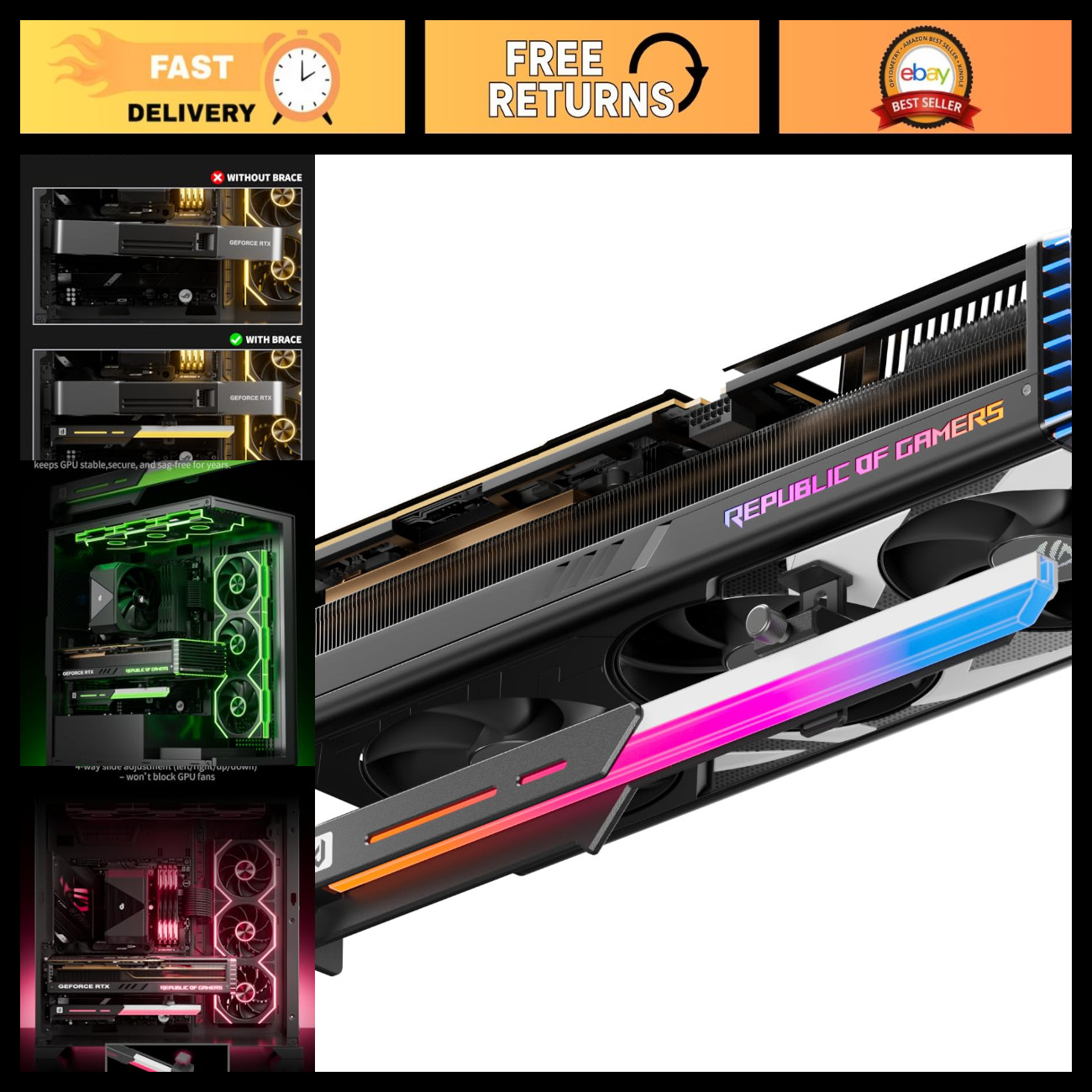 RGB Graphics Card GPU Brace Support - Adjustable Height & Length, 5V ARGB Strip