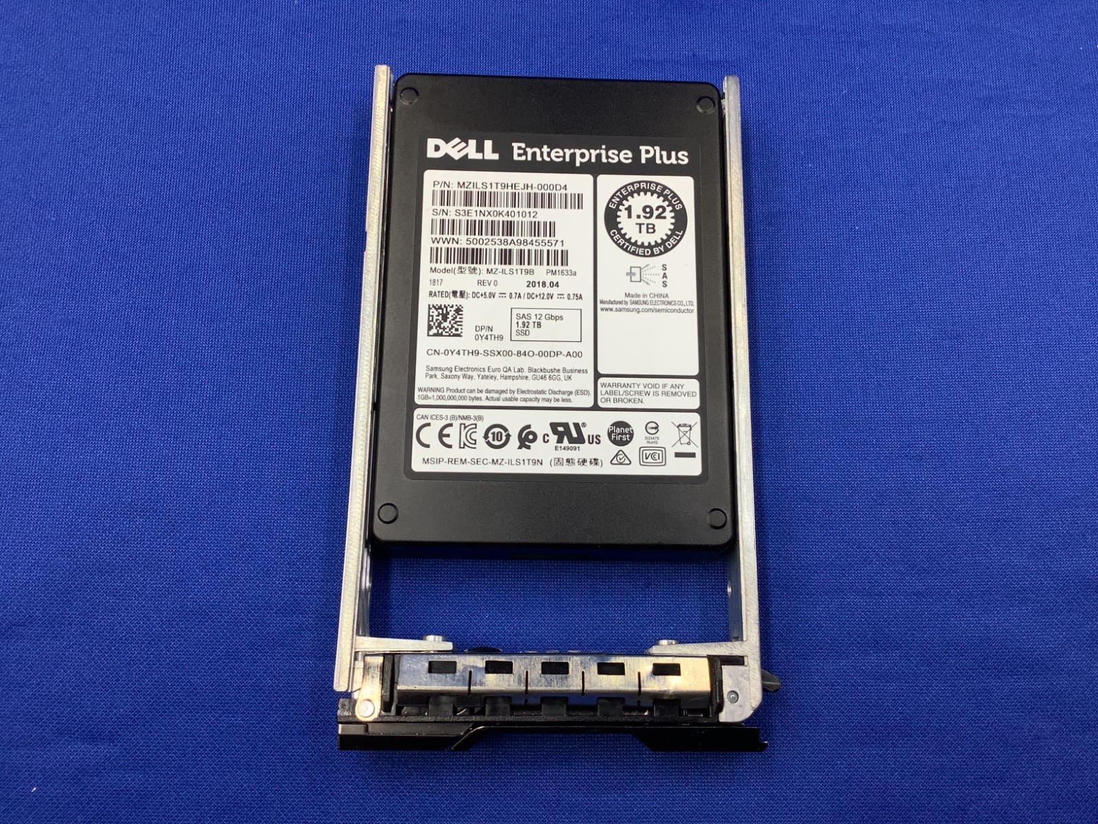 Y4TH9 Dell Compellent PM1633A Enterprise Plus 1.92TB SAS Read Intensive 2.5''SSD