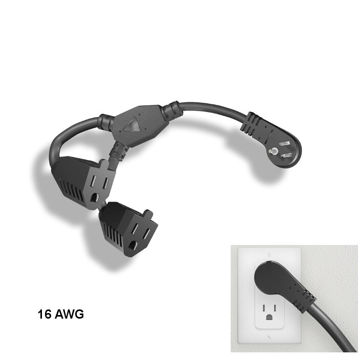 [10X] 1ft 16 AWG Low Profile Angled Power Y Cord NEMA5-15P to NEMA5-15R x2