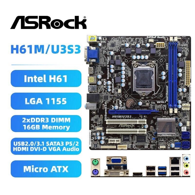 ASRock H61M/U3S3 Motherboard M-ATX Intel H61 LGA1155 DDR3 SATA3 HDMI DVI-D Audio