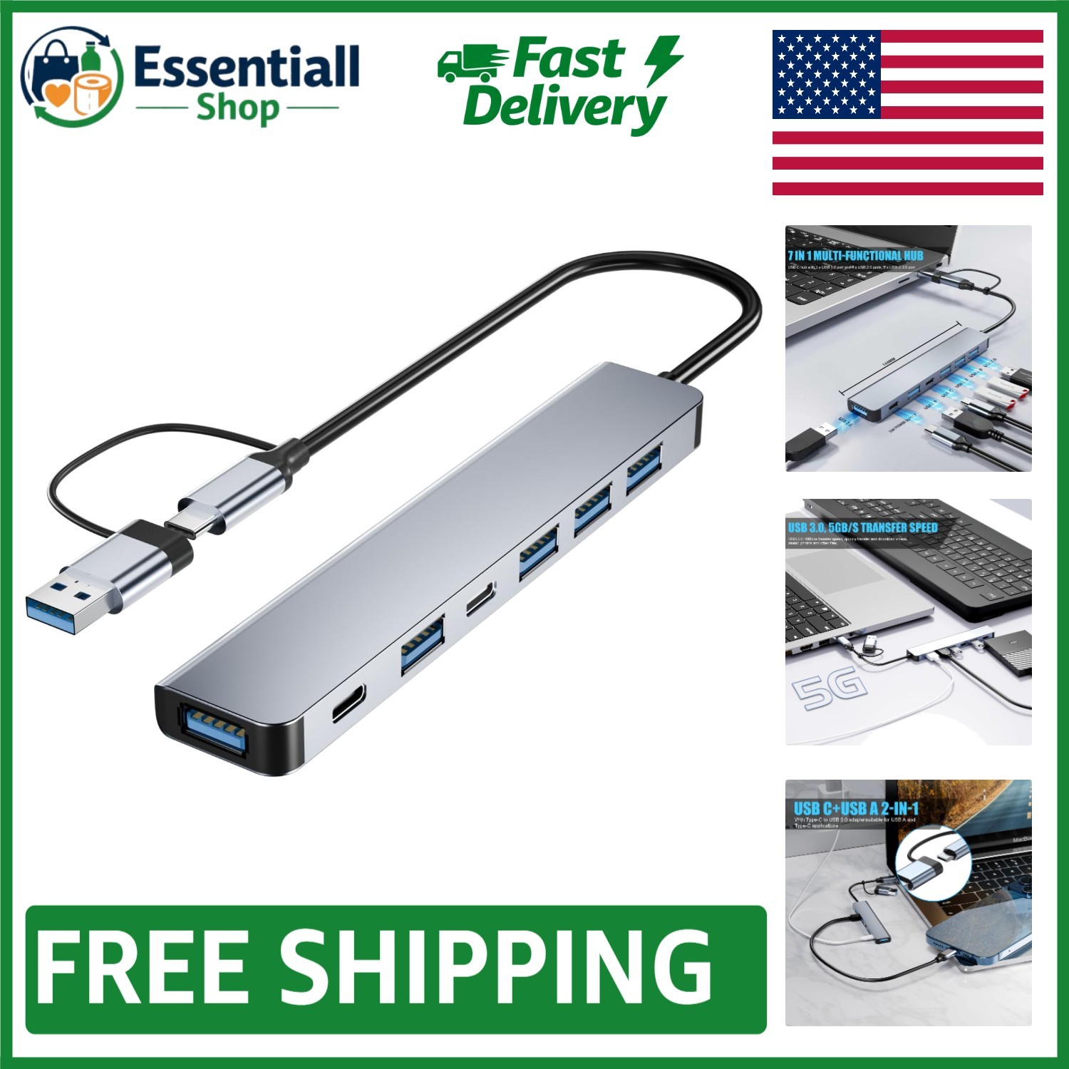 Sleek Aluminum 7-in-1 USB Hub with High-Speed Data Transfer - Portable Design