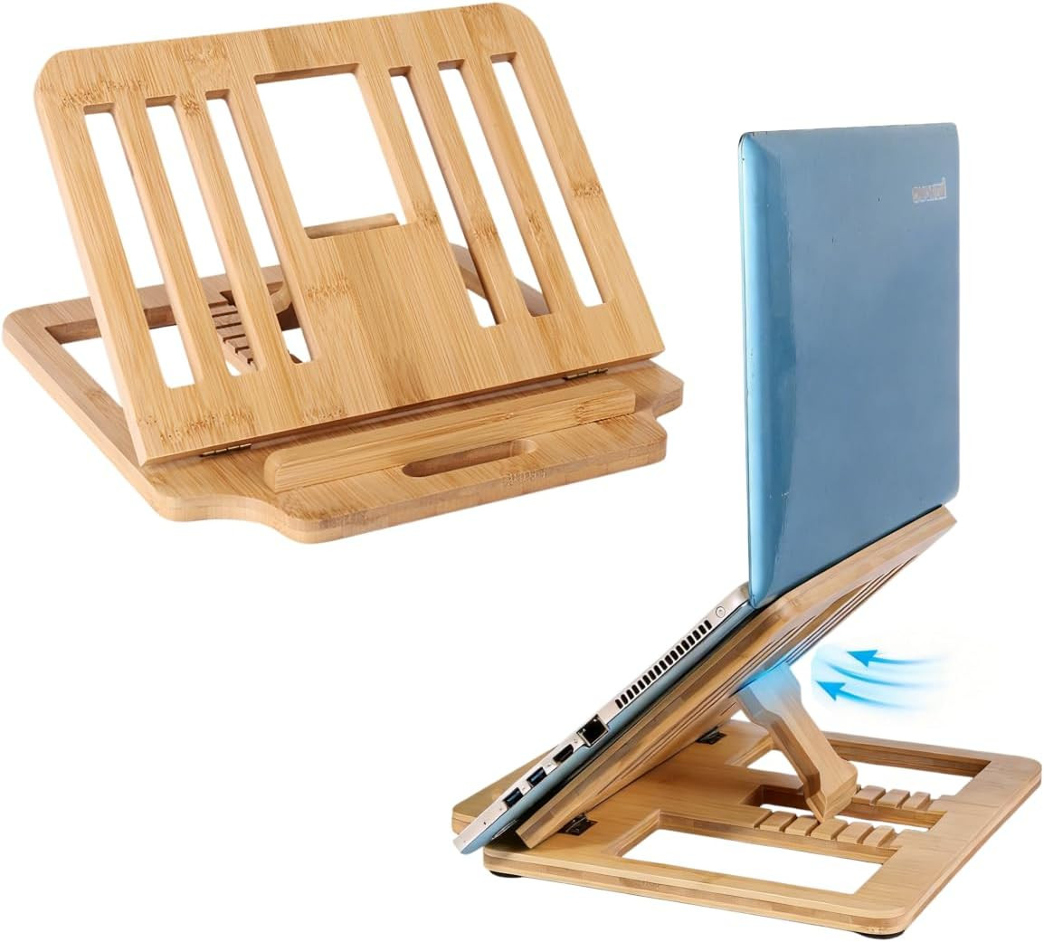 Bamboo Foldable Laptop Stand Holder, 6-Level Adjustable Ergonomic Notebook Riser