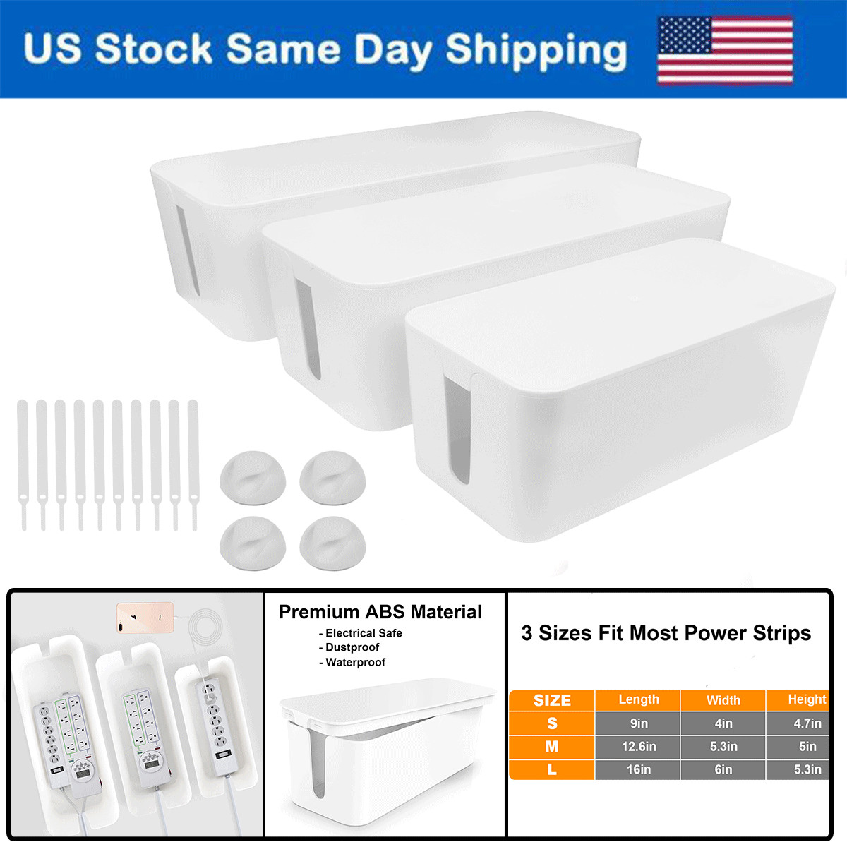 3Pcs Cable Management Box Cable Organizer Cord Hider Box for Cover Hide TV Wires
