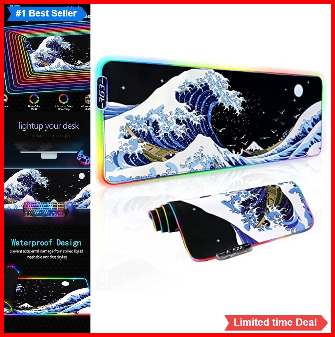 Large Gaming Mouse Pad 31.5 x 11.9 Inch RGB LED 10 Lighting Modes Sea Wave Desk