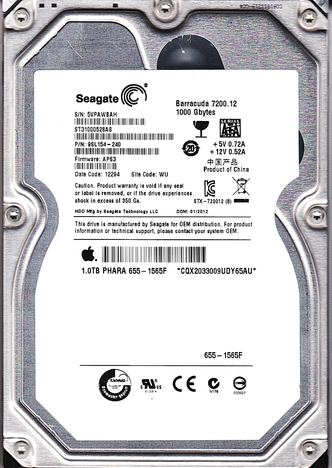 FOR DATA RECOVERY SEAGATE ST31000528AS pn: 9SL154-240 WU SATA BAD SECTOR 3112