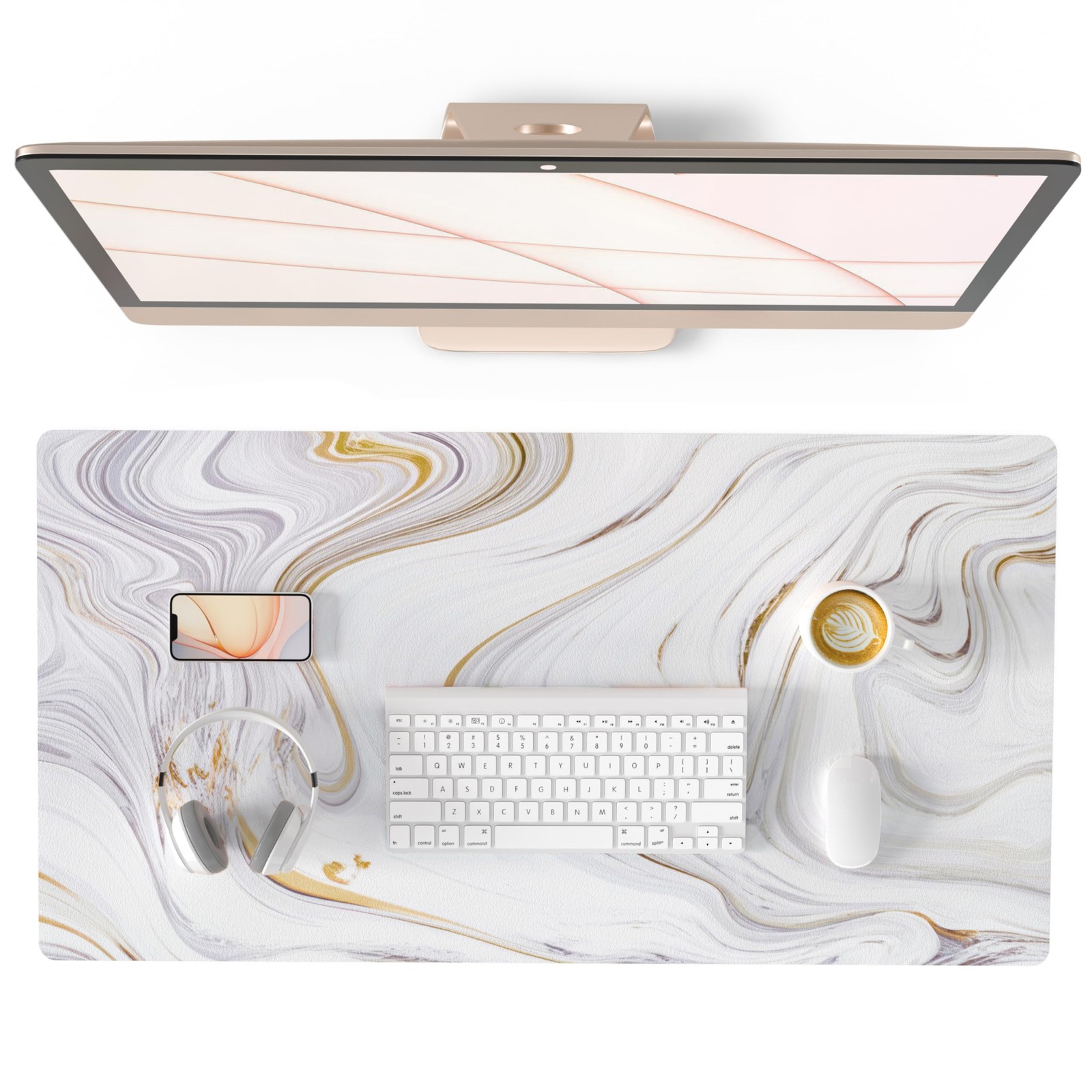 QIYI White Mouse Pad, Cute Marble Large Desk Mat, PU Leather Desk Protector Mous