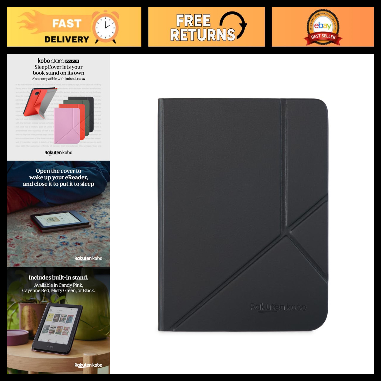 Kobo Clara 6" eReader Case - Black Vegan Leather, Sleep/Wake Tech, 2-Way Stand
