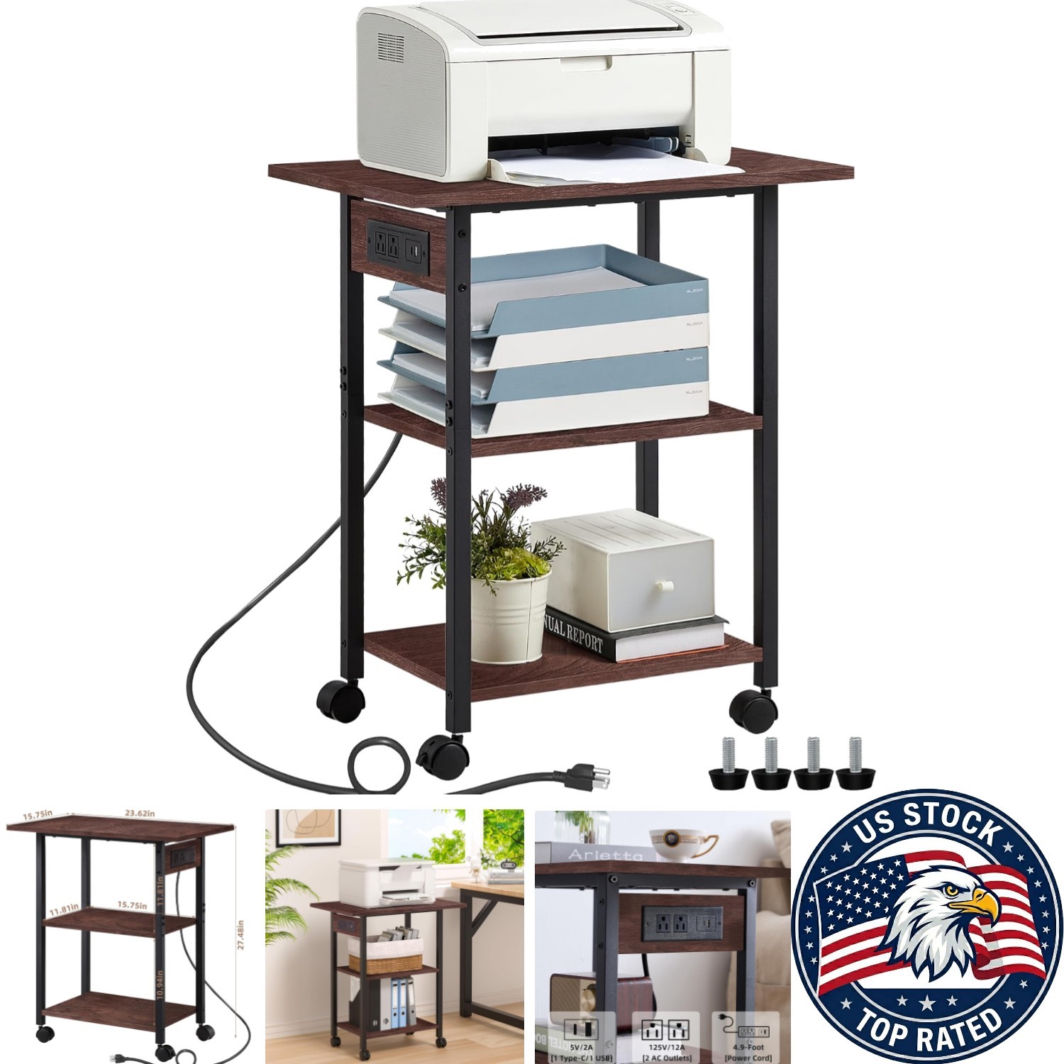 Industrial Rolling Printer Cart with 3-Tier Design & USB Charging for Efficiency