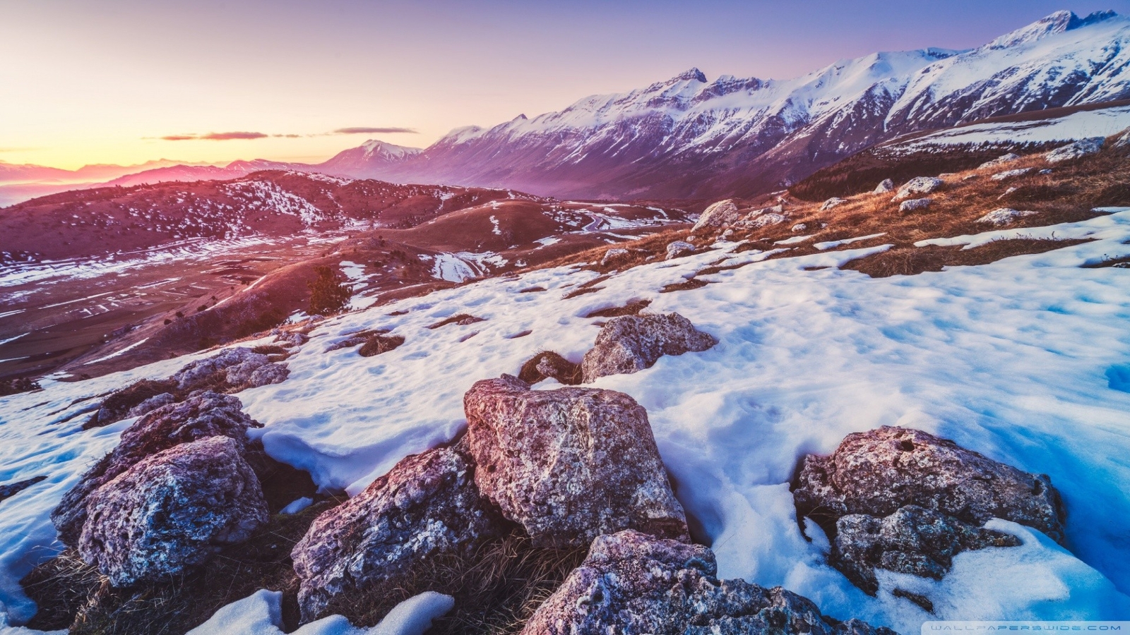 Landscape nature rocks snow mountains sunset Custom Gaming Mat Desk