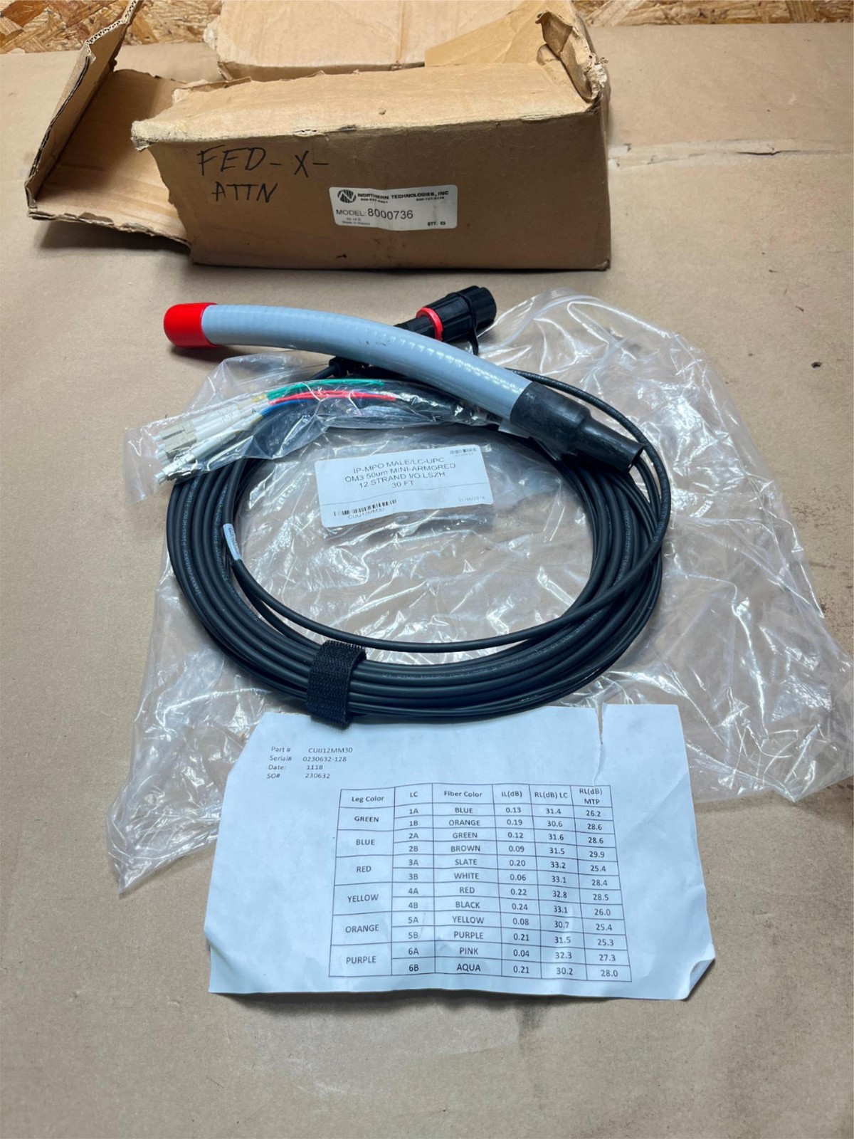 CUIJ12MM30 Cable 30 Ft OM3 50um Mini Armored 12 Strand IP-MPO Male LC-UPC