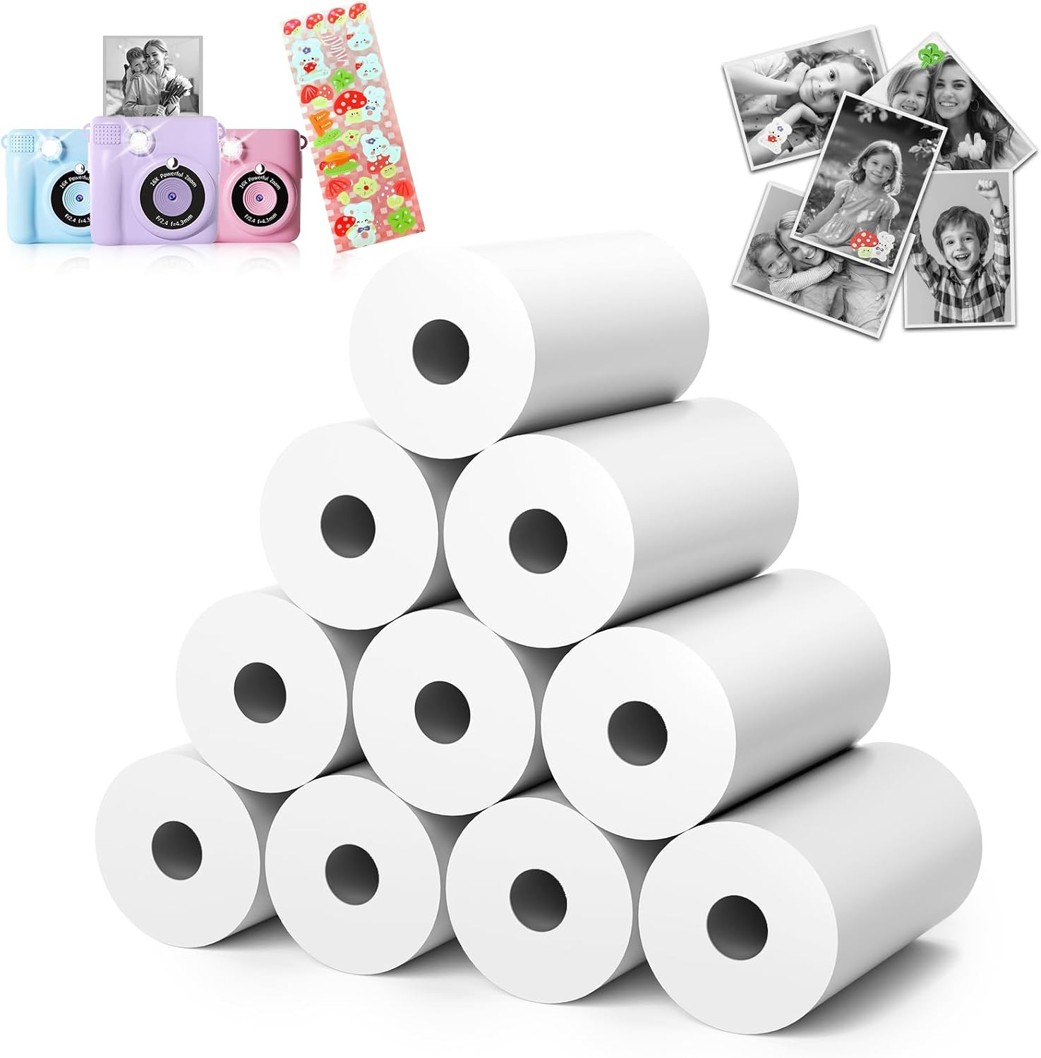 10 Rolls Kids Camera Instant Print Paper Refill with Stickers
