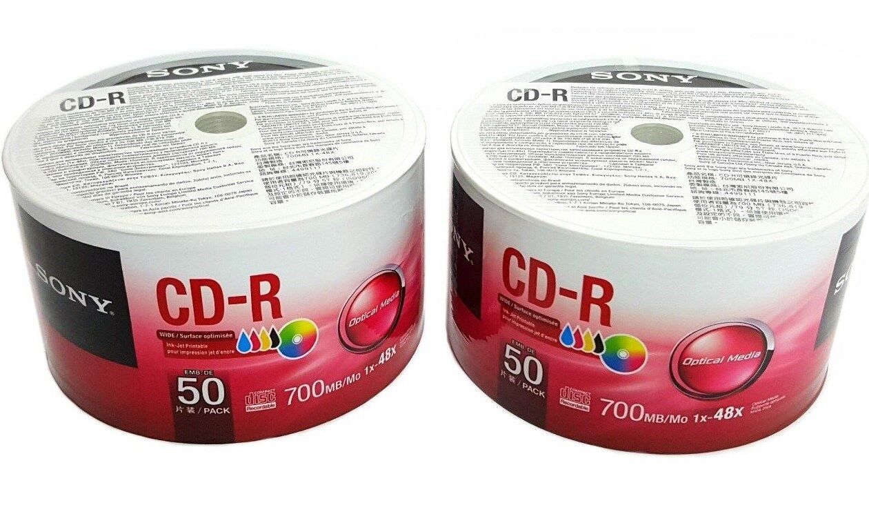 100 SONY Blank 48X CD-R CDR White Inkjet Hub Printable 700MB Media Disc 2x50pk