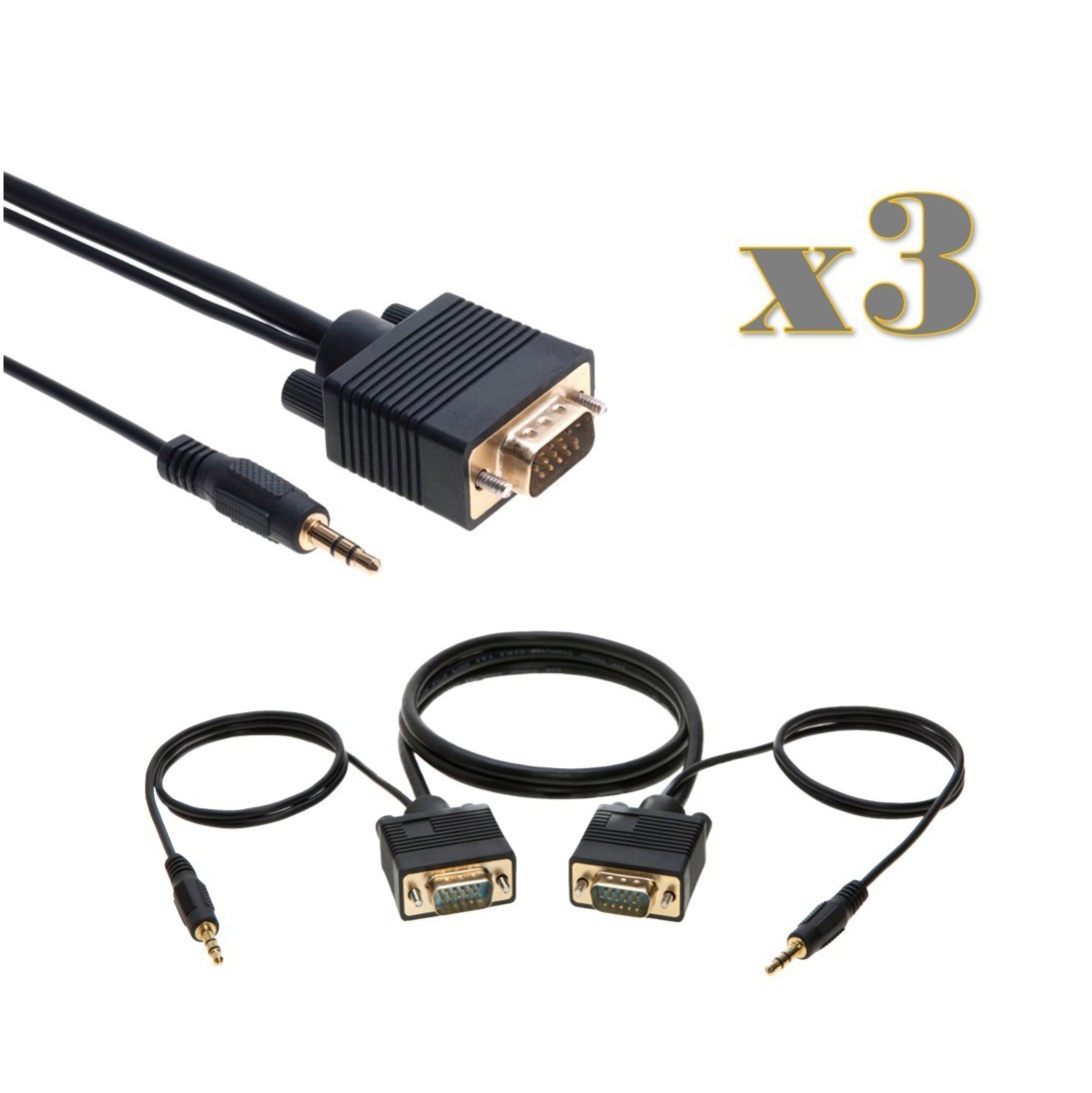 3-Pack - 3FT SVGA M/M + 3.5mm Aux Audio Cable Jack for Monitor PC Projector TV