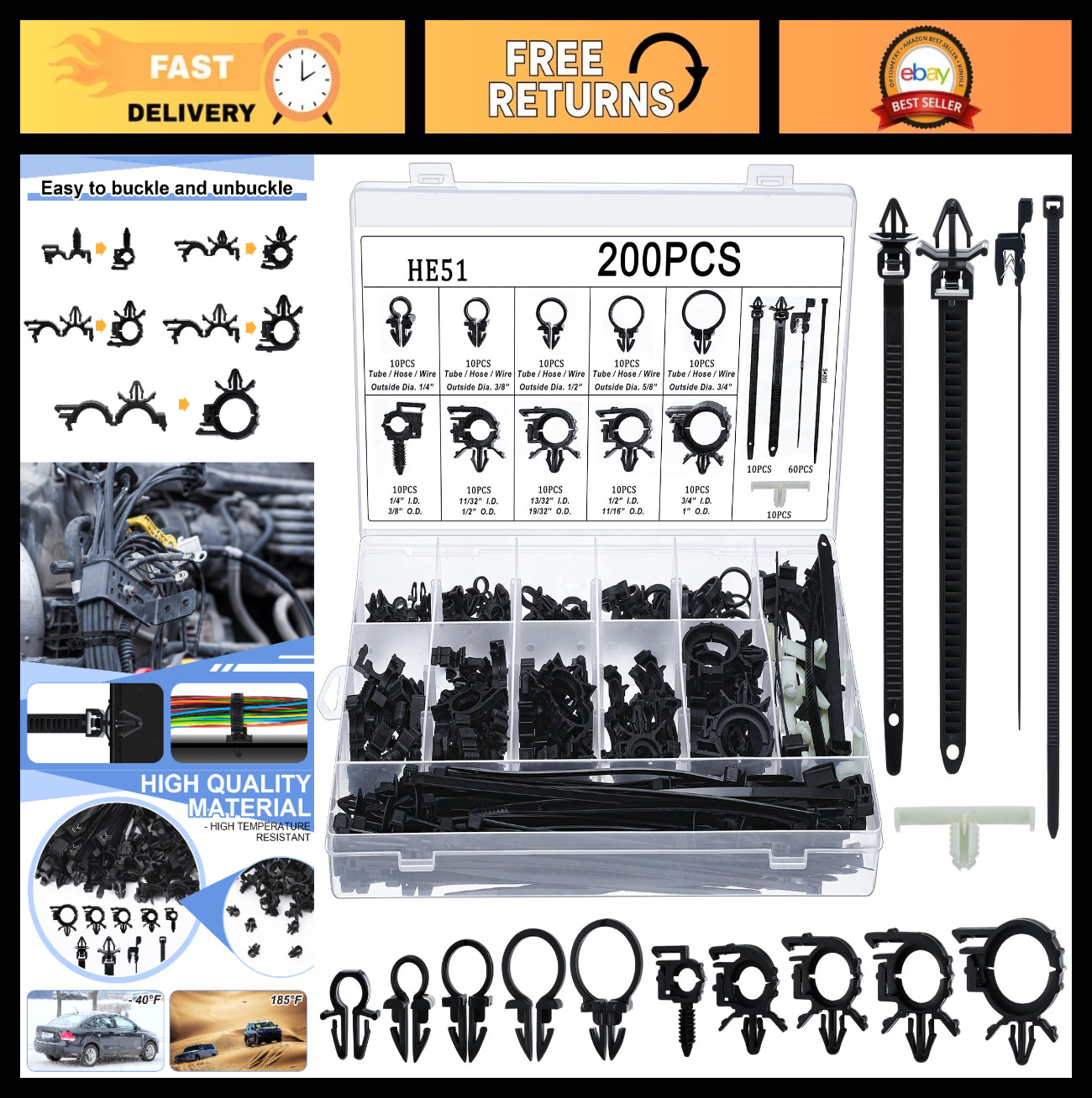 200 Pcs Wire Loom Clips - 15 Sizes Push Mount Cable Management for Cars