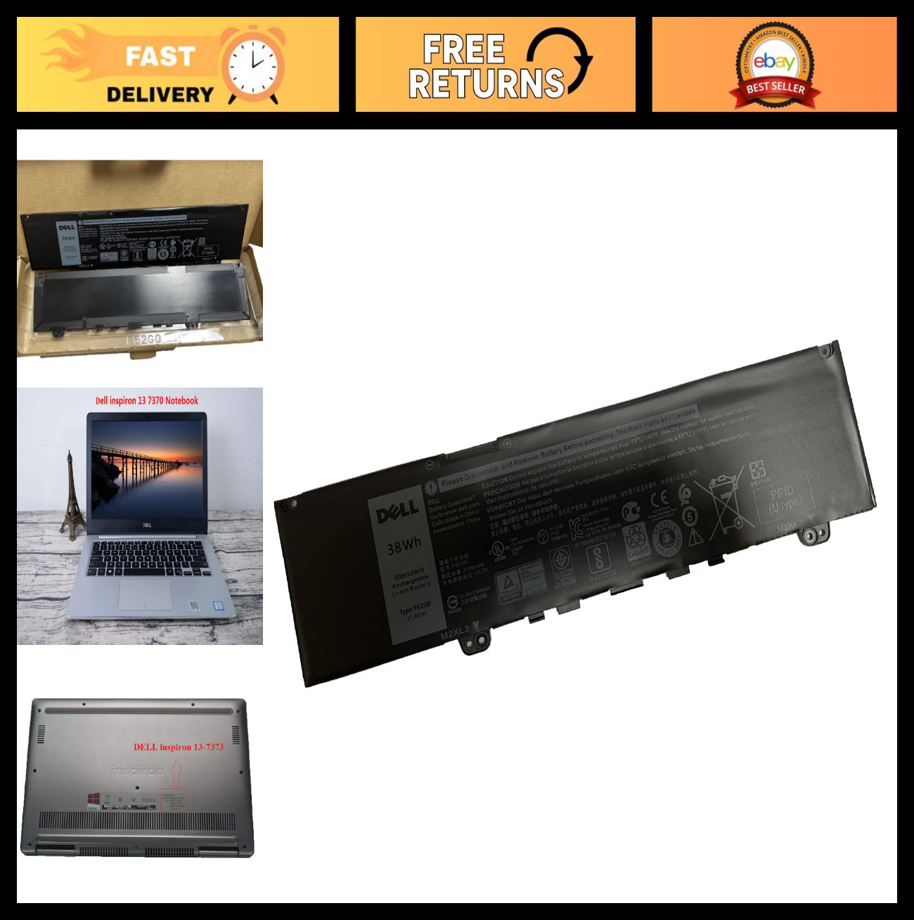 High-Capacity Laptop Battery 11.4V 38Wh for Inspiron 13 5370 Vostro 13 Series